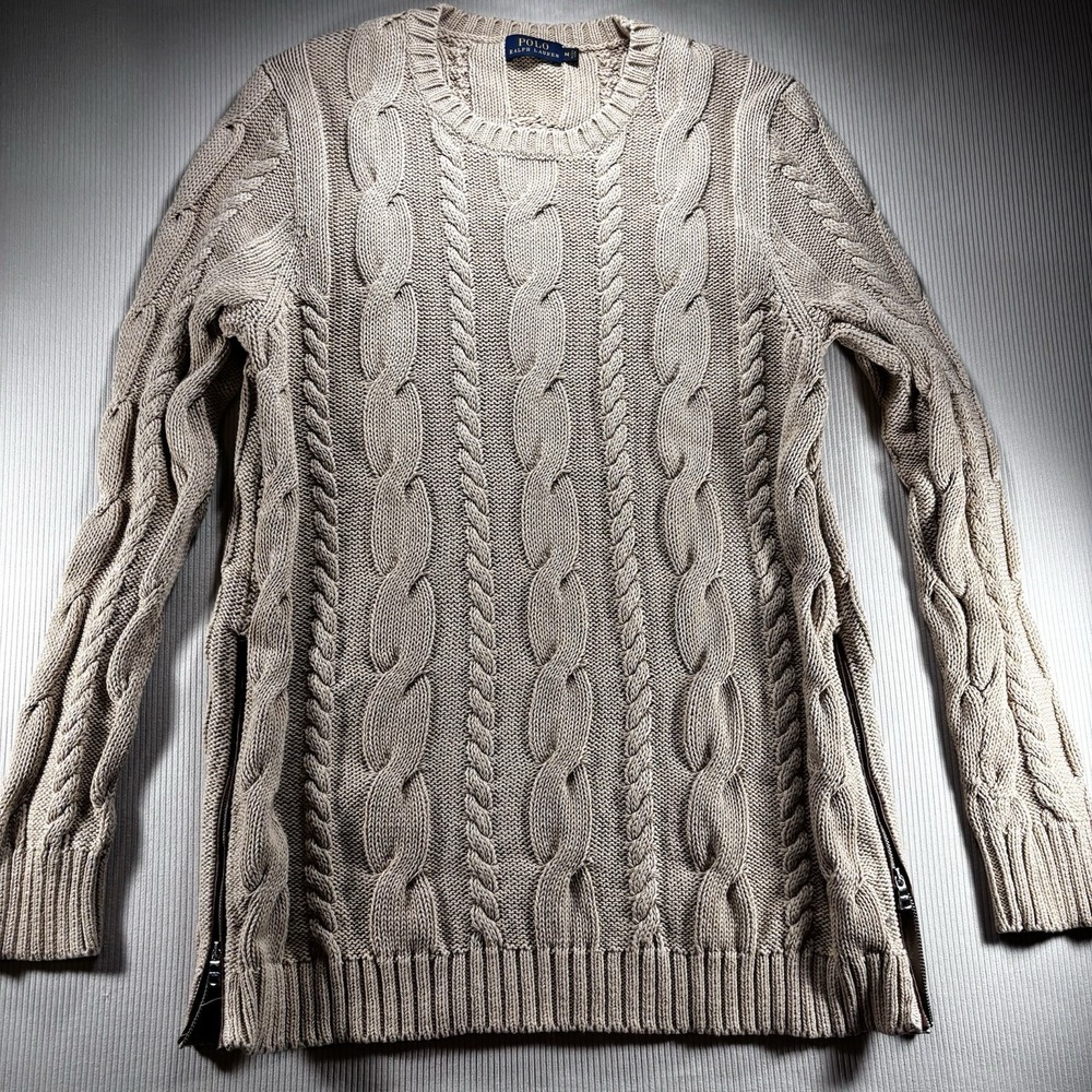Polo Ralph Lauren Women's Cable Knit Side Zip Sweater, Beige Size M 100% Cotton